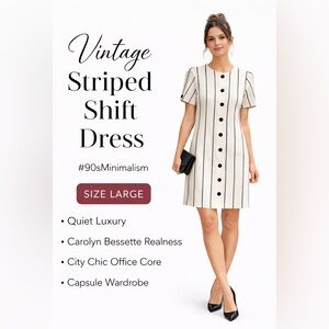 Vintage Checkaberry Stripe Shift Dress Large 90s Button Front Minimalist Midi